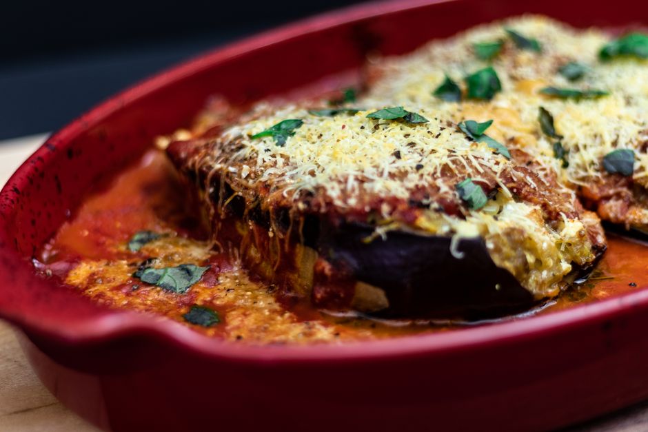Baked eggplant and meat tray